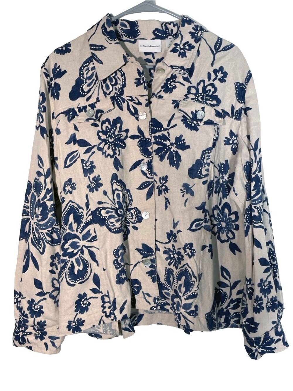 Alfred Dunner Blue Batik Floral Linen Blend Button-Front Shirt Jacket Sz. 12
